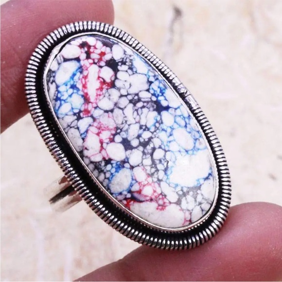 Sterling Silver 925 Handmade Multicolor White Howlite Ring Size 7 - Picture 7 of 7